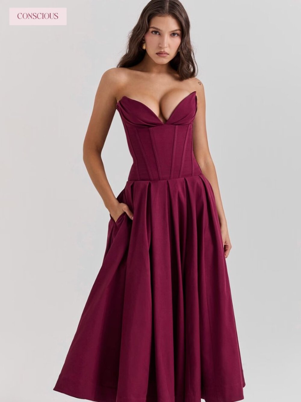 Lady wine strapless midi dress